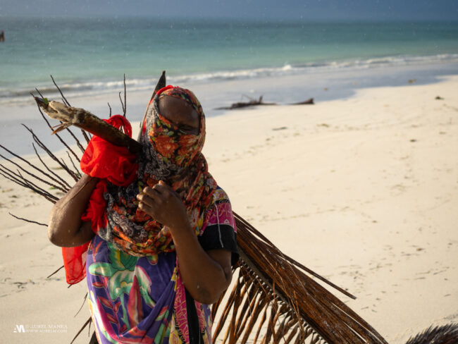 Woman carries a palm leaf on a Zanzibar beach 02