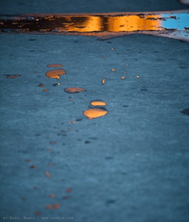 golden reflections on sidewalk